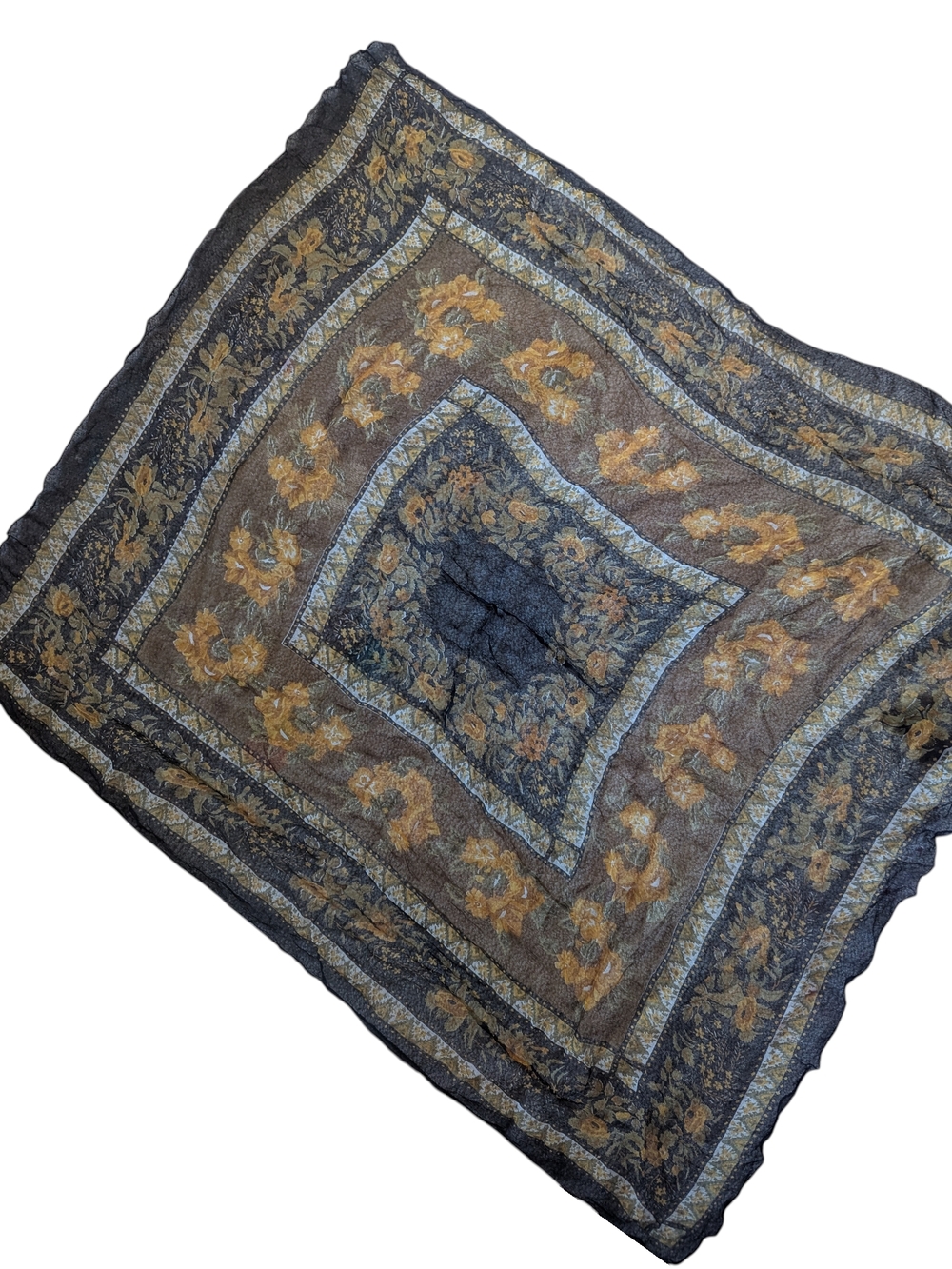 VTG Silk Floral Pattern Lightweight Scarf in Black and Gold